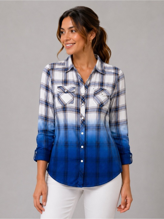 Cato Tops - Cato V-Neck Dip-Dyed Plaid Double Pocket Flannel